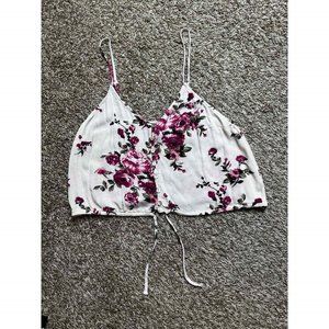 F21 Medium Cream Floral Pink Crop Tank Top